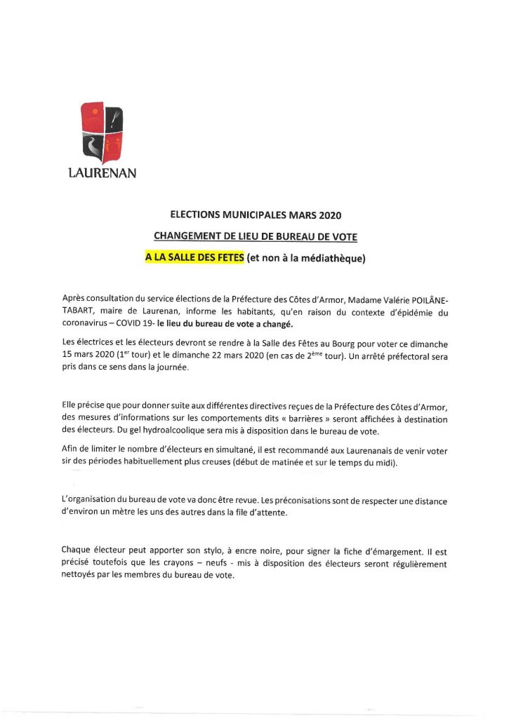 Elections municipales scrutins des 15 et 22 mars 2020 : changement de lieu du bureau de vote