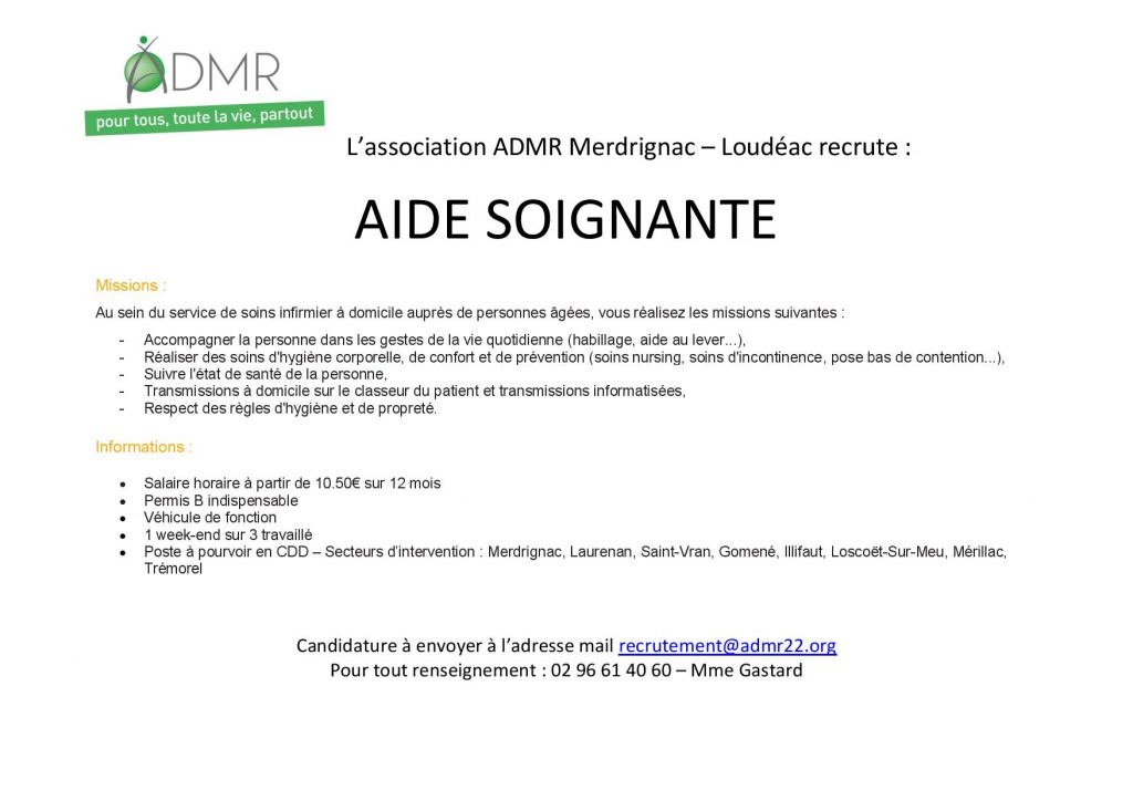 Offre D Emploi Aide Soignante De Nuit Offre d’emploi : aide soignante – Laurenan