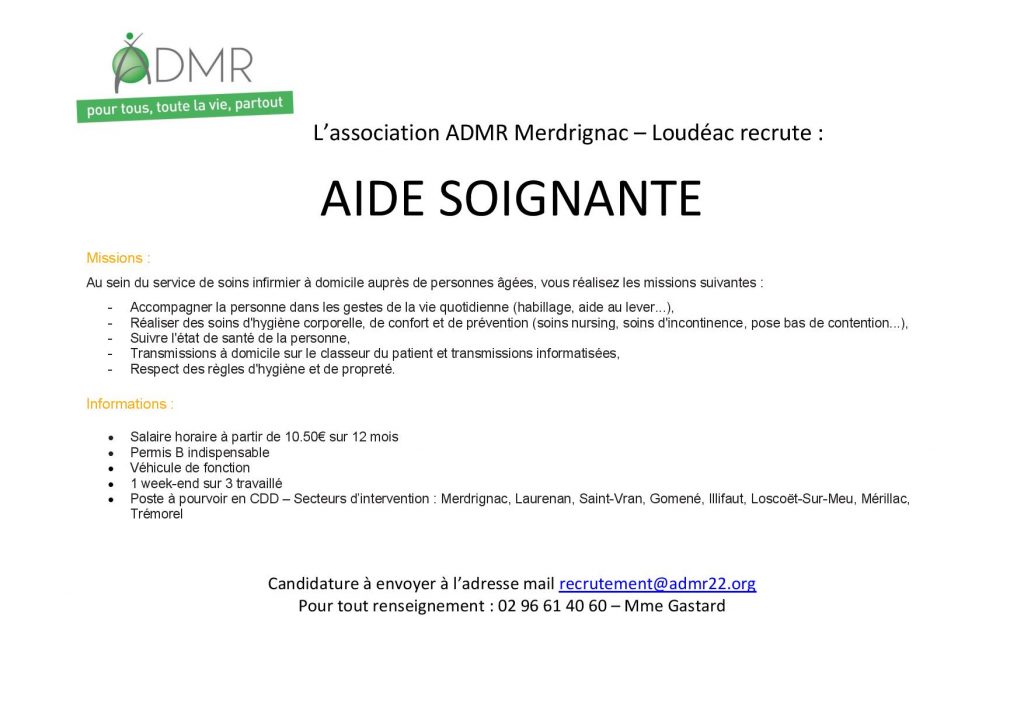 Offre d’emploi :  aide soignante