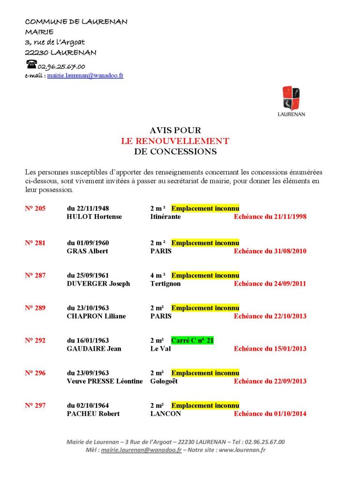 Cimetière : avis pour le renouvellement de concessions