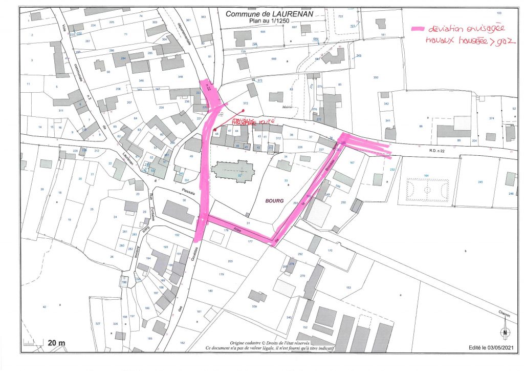 Avis de déviation pour des travaux de traversée de route dans le Bourg