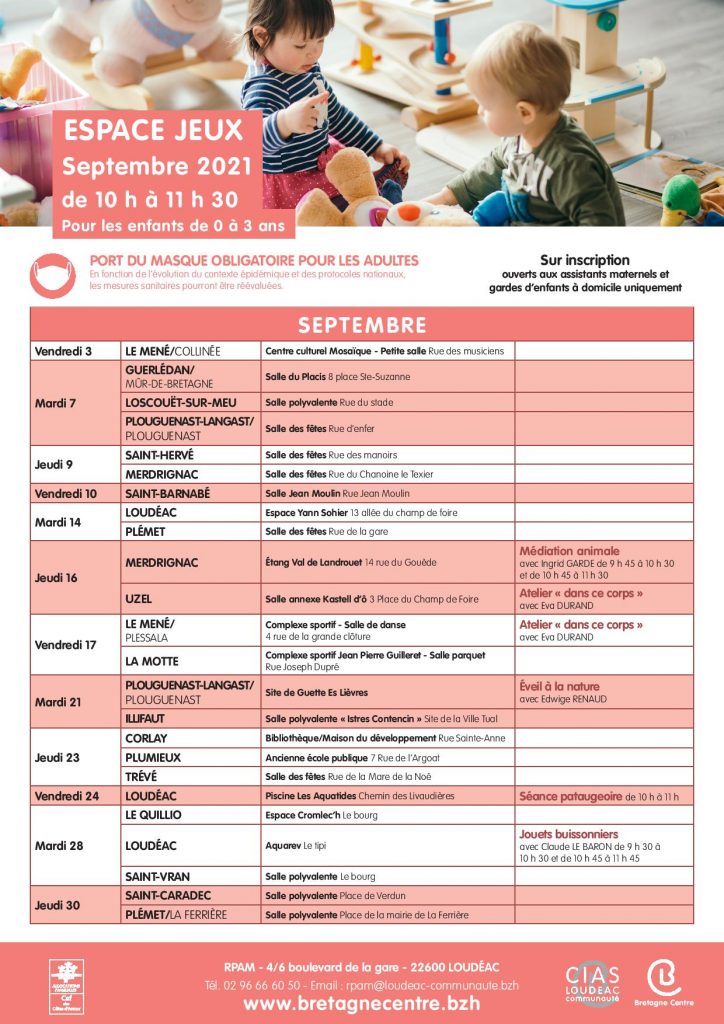 Espaces Jeux : planning Septembre 2021