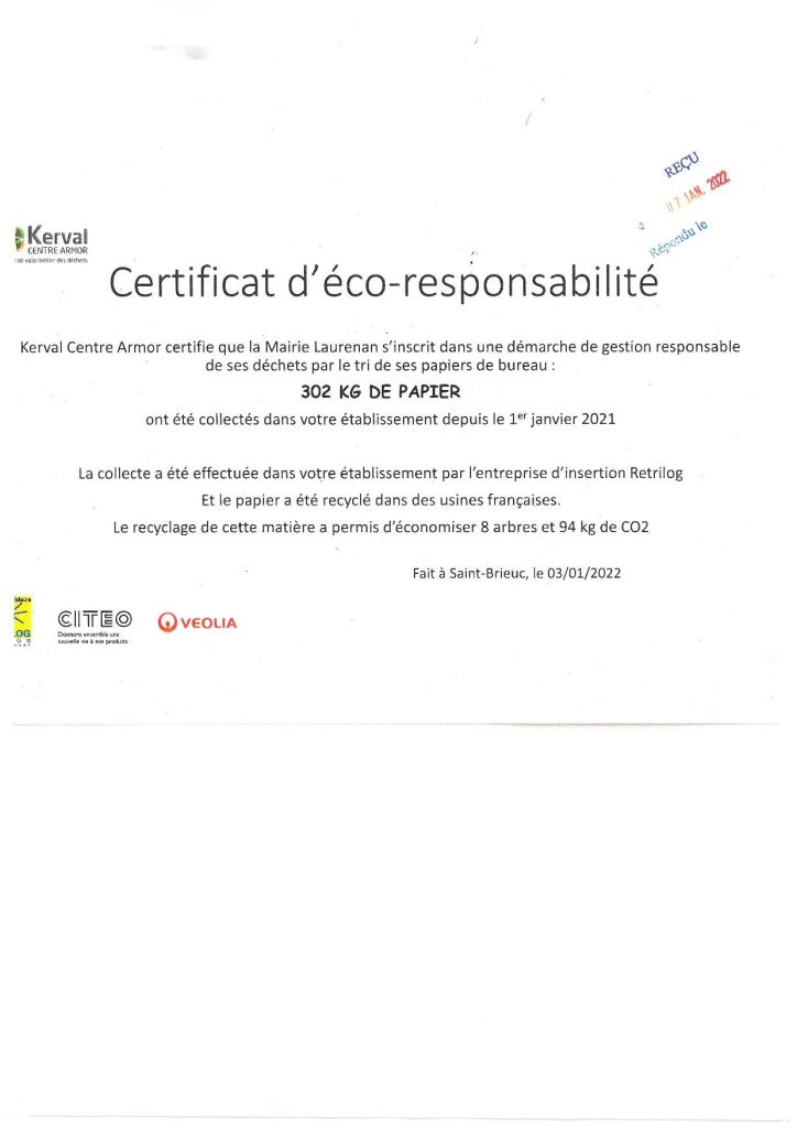 Certificat Eco-responsabilité  302 Kg de papier recyclés