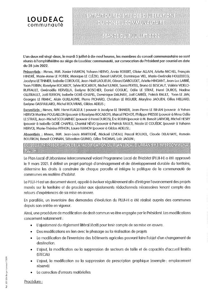 PLUi-H : délibération de LCBC en date du 05/07/2022