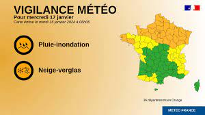 Vigilance JAUNE pour pluie-inondation et neige verglas du 16 au 18 janvier 2024