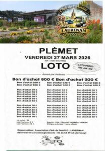 Club de l&rsquo;Amitié : loto à la Salle des Fêtes de Plémet le Vendredi 27 mars 2026, à 20h